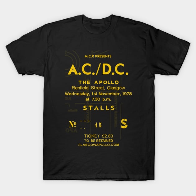 AC/DC 1st of November 1978 Glasgow Apollo UK Tour Ticket Repro Gold Text T-Shirt by RockitTees